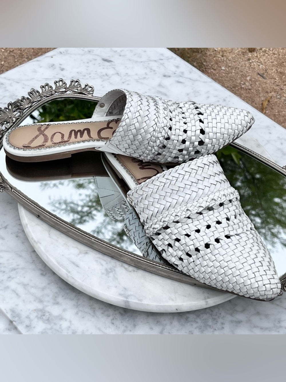 Sam Edelman Natayla White Leather Woven Mules, 8, Pointed Toes